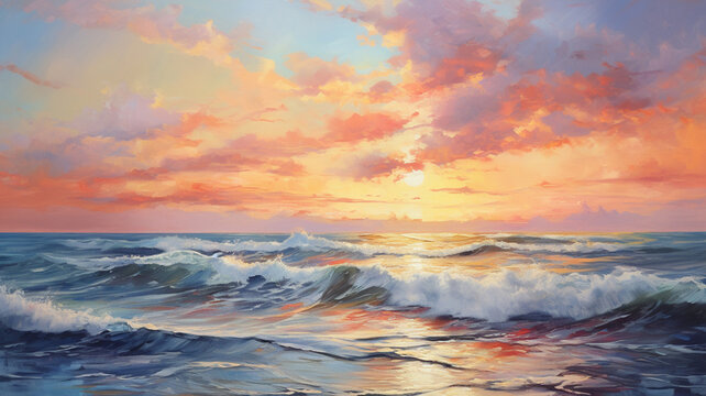 Oil painting of the sea multicolored sunset with calm waves