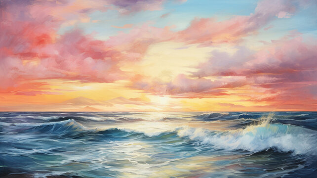 Oil painting of the sea multicolored sunset with beautiful sky