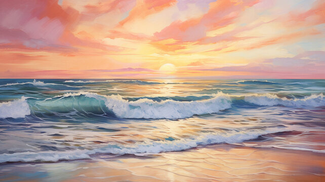 Oil painting of the sea multicolored cloudy sunset