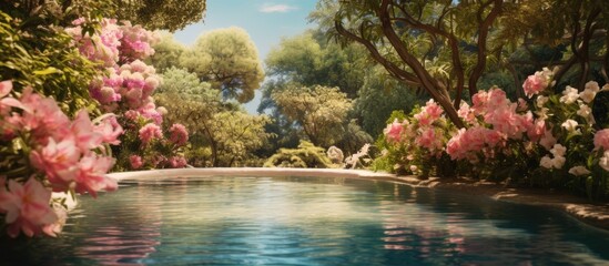 In the idyllic summer garden of green foliage and colorful floral displays, the pink flowers bloomed, embraced by the refreshing blue pool, creating a beautiful and natural environment, reminiscent of