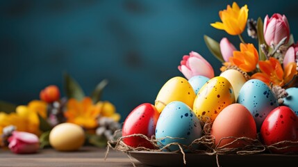 Fototapeta na wymiar Easter Background Colorful Eggs Basket Tulip , Background HD, Illustrations