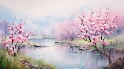 Painting pink color of Wild Himalaya cherry flowers texture