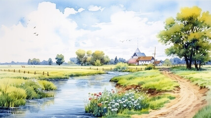 Rural landscape with river and farm Watercolor hand painting countryside