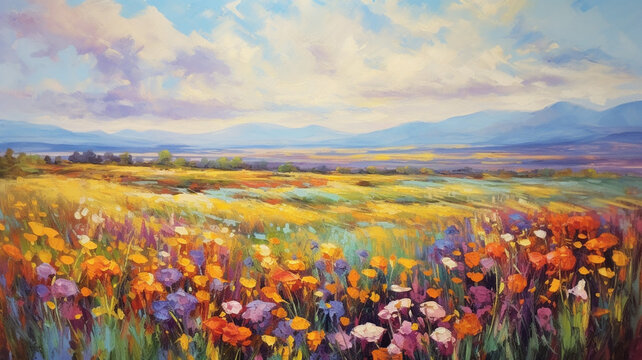 oil painting landscape colorful field of flowers abstract canvas