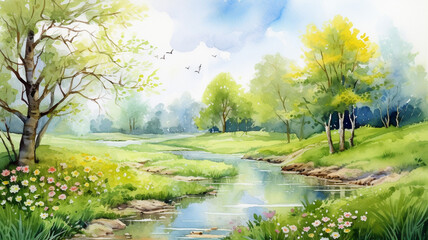 watercolor drawing summer landscape spring landscape texture - obrazy, fototapety, plakaty