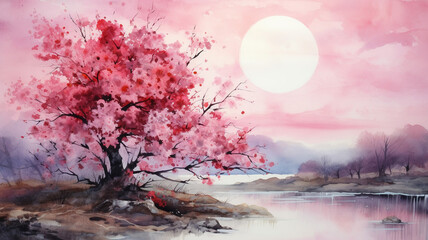 watercolor full moon and pink tree landscape spring