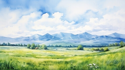 Summer watercolor landscape Spring watercolor lands village