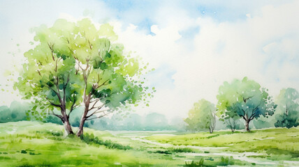 Fototapeta premium watercolor landscape with trees spring landscape