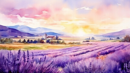 Watercolor lavender field summer spring sunset landscape aromatheraphy