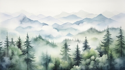 Watercolor painting landscape mountain pine tree environment