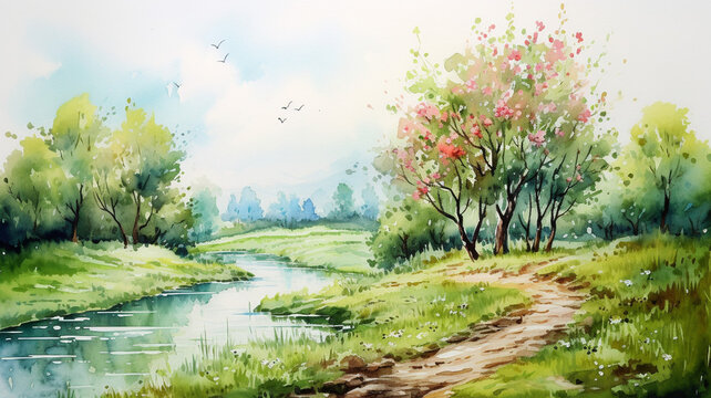 watercolor drawing summer landscape spring landscape