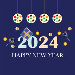 Naklejka premium happy new year 2024 wishes background with hanging ball vector.patry card,banner,poster etc.