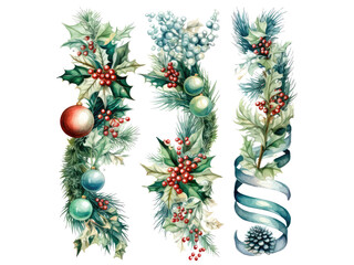 Fototapeta na wymiar Watercolor flowers illustrations Christmas decorations clip art