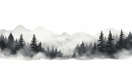 Minimalist monochrome landscapes. Foggy black forest minimalist