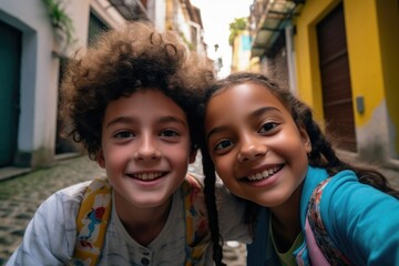 A couple of young girls standing next to each other. Generative AI.