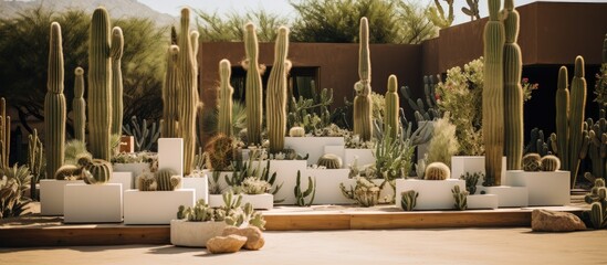 In the beautiful white garden, among the greenery and tall trees, there was a stunning display of nature's growth. The vibrant plants, cacti, and botany added a natural touch to the wooden decoration