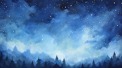 Fototapeta na wymiar Night Sky Print. Watercolor starry sky. Blue galaxy starry
