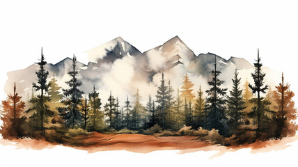Mountain and pine trees landscape hand drawn watercolor woods
