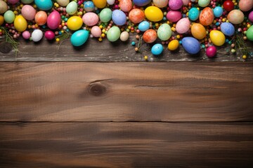 Colorful easter eggs decorated on wooden background. Generative AI