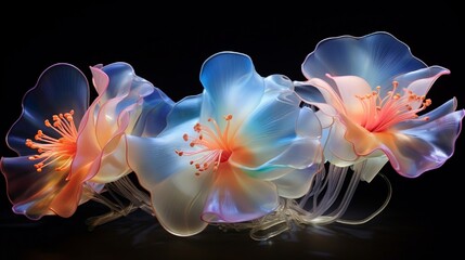 Translucent 3D flower sculptures emerging from an energetic whirlwind, their luminescent petals reflecting a surreal dance of light and color.