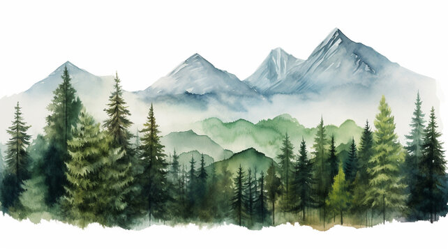 Mountain and pine trees landscape hand drawn watercolor painting