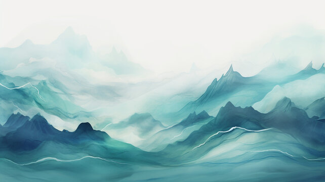 Teal watercolor mountain abstract art wallpaper gradient