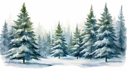 Watercolor winter forest Christmas tree landscape frost