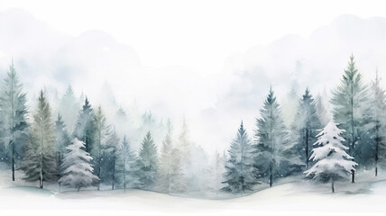Fototapeta na wymiar Watercolor winter pine tree forest background spruce