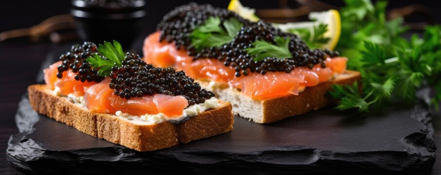 Caviar sandwiches on wooden table and dark backround. Generative ai