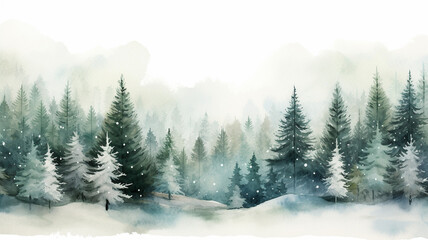 Fototapeta na wymiar Watercolor winter pine tree forest background frozen