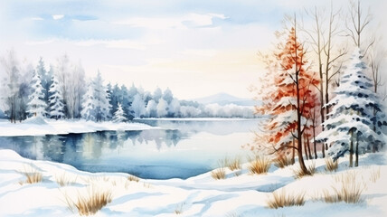 Winter background landscape with fir tree and lake park