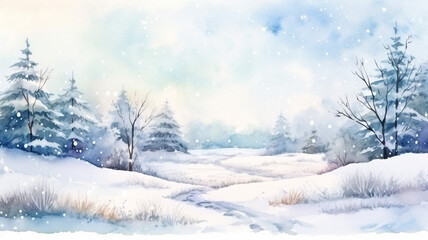 Winter background landscape with snowfall Watercolor