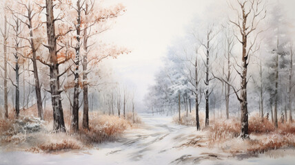Fototapeta na wymiar Winter forest in a fog painted in watercolor