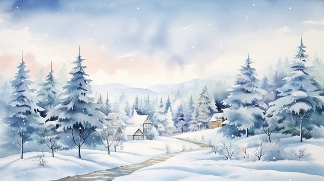 winter countryside view Christmas fir trees fairy tale