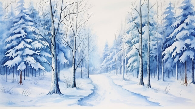 Winter colorful landscape of snowy forest Hand draw painting