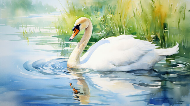 White mute swan on a lake Watercolor painting kiev