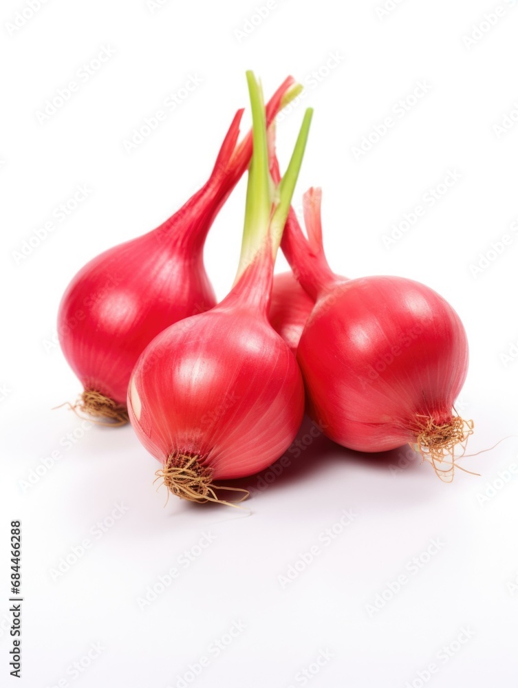 Poster Three vibrant red onions on a crisp white background. Generative AI.