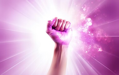 International womens day banner. Girl power feminist poster, confident feminine fist in the center with pink glitter and sun rays on glamorous background. Unite for women poster. AI Generative