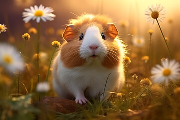 Funny and adorable Guinea pig on wild nature outdoor background. Zoo banner with copy space.
cute rodent Adorable bunny sniffing a flower.

 - obrazy, fototapety, plakaty