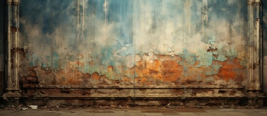 In an old retro wall, an abstract painting with rich textures and artistic design, framed in a vintage tracery, is covered in grunge and grime, creating a unique mix of wallpaper and graffiti that - obrazy, fototapety, plakaty