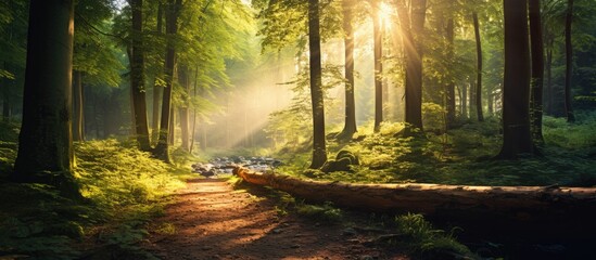 In the enchanting landscape of a European forest, sunlight filters through the dense canopy, casting a golden glow on the vibrant green trees, showcasing the colorful beauty of summer's finest display - obrazy, fototapety, plakaty