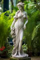 Statue of a woman in the garden. Beautiful sculpture of a woman.