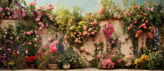 In the beautiful summer garden of a retro European villa, a vibrant wall design features colorful flowers, showcasing the blending of nature and architecture in a stunning display of botany and