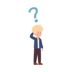 Doubting curly blonde boy, question sign flat style, vector illustration