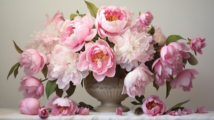 An elegant arrangement of pink peonies captured in high-definition, providing a sophisticated floral backdrop for your projects.