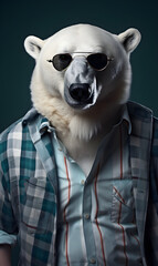 portrait of polar bear dressed in trendy summer clothes. confident stylish fashion portrait of an anthropomorphic animal, posing with a charismatic human attitude