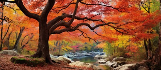 In the enchanting forest, a majestic tree stood tall, its branches covered in vibrant leaves that displayed a colorful spectrum of green, orange, and red, creating a stunning autumn palette. The