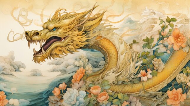 An intricately designed watercolor illustration featuring a dragon and Japanese motifs, set against a gold-colored background