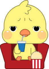 Adorable Cartoon Duck Enjoying a Movie and Popcorn at the Cinema