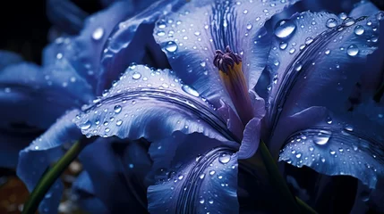 Fototapeten  intricate design background of blue iris flower as the morning dew delicately clings to its petals, highlighting nature's © Naseem